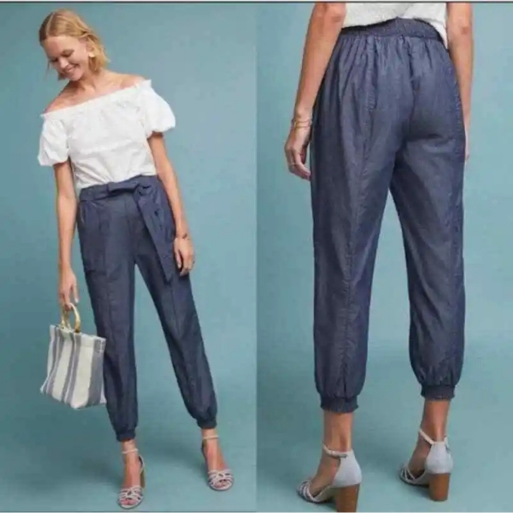 Anthropologie Globetrotter Chambray Tie Waist High Rise Jogger Pants Siz…